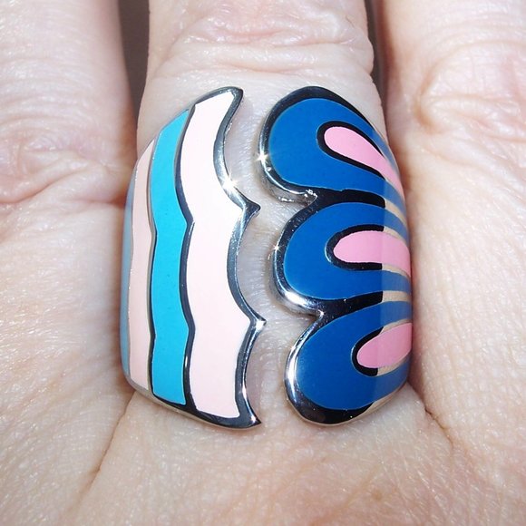 STAINLESS STEEL Open Front Epoxy Wave Ring - Picture 3 of 16